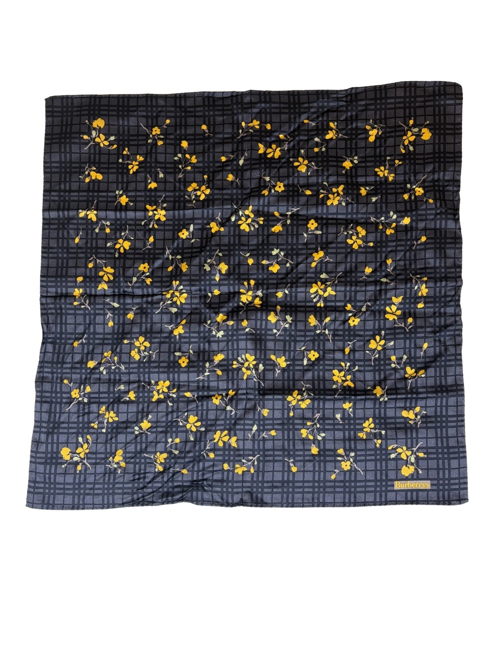 Burberry Navy Plaid Silk Scarf with Yellow Floral Motif